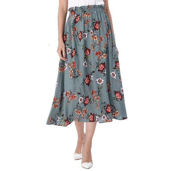 

womens summer ruffle elastic high waist pockets floral dot print pleated casual party flare skater a-line midi skirt 052, Black