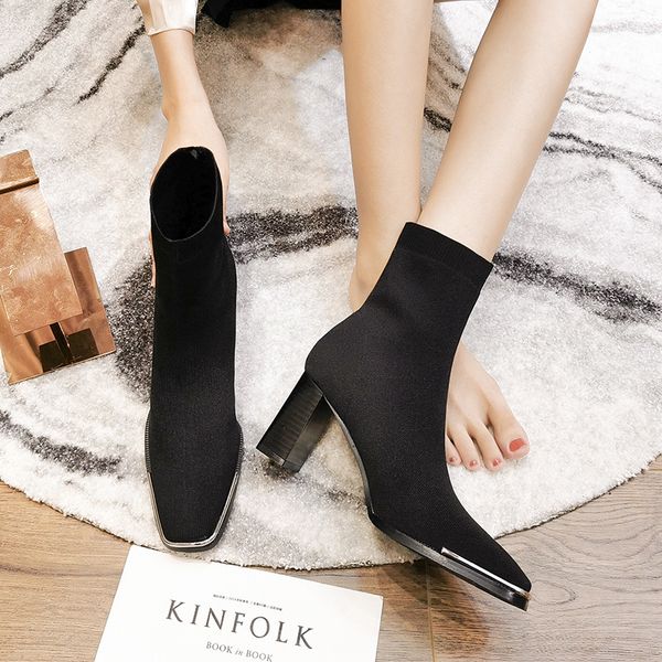 

knitted elastic women's high heels show thin 2020 new spring and autumn single boot net red square head thick heel short boots