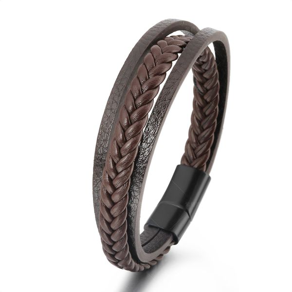 

s2729 europe fashion jewelry retro men's leather rope woven bracelet magnetic buckle leather bracelet, Golden;silver