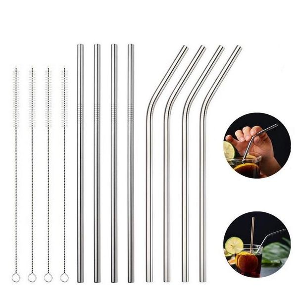 

100pcs stainless steel straw steel drinking straws 8.5" reusable eco metal drinking straw bar drinks tool cleaning brush