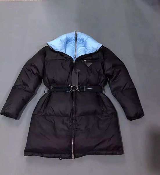 2024 outono inverno luxo design italiano estilo escritório azul marinho náilon para baixo com cinto oversized jaqueta casaco com capuz para senhora outwear