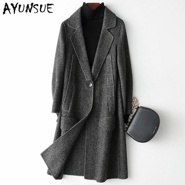 

ayunsue 2020 новая весна осень real wool coat женщины vintage повседневная печать дамы длинные куртки пальто элегантный casaco feminino 3804, Black