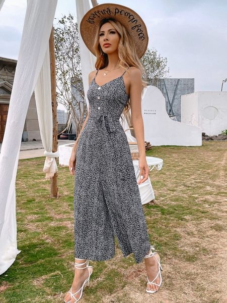 

button half ditsy floral belted cami jumpsuit g9nb#, White