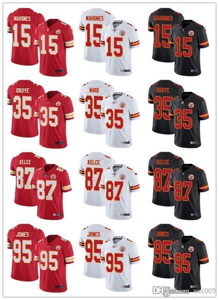 

mens womens youth kansas city chiefs 15 patrick mahomes 87 travis kelce 95 chris jones 35 christian okoye football jerseys, Black;red