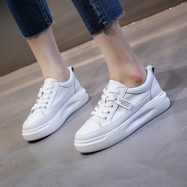 

women platform sneakers female genuine leather walking chunky sneakers loafers for women white casual flat vacation shoes 201110, Black