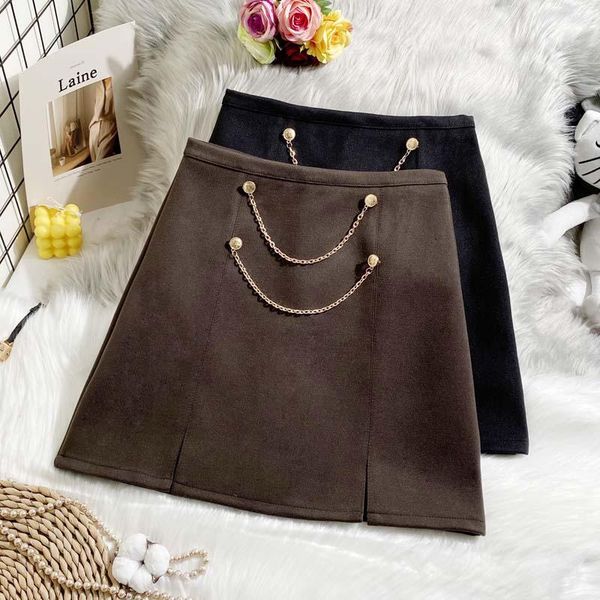 

new high-waisted, thin, chain-decorated woolen skirt, female bag, hip skirt, split-end, anti-glare short skirt, Black