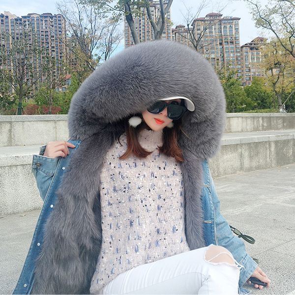 

maomaokong denim jacket natural fox fur lined jacket coat 201212, Black