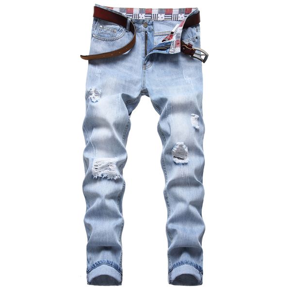 

men slim fit ripped jeans fashion straight leg stretch distressed retro biker denim pants mens blue regular trousers big size d667