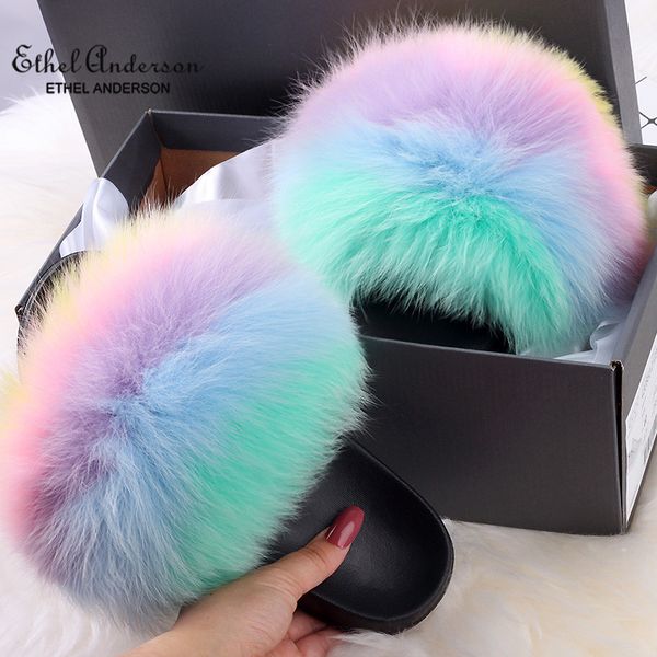 

ethel anerson real fox raccoon fur slippers for women fur slides flip flops beach plush fluffy furry designer slippers sandal x1020, Black
