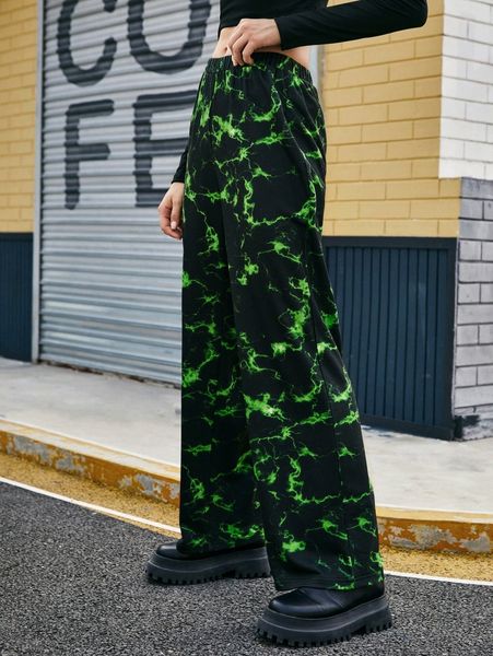 

elastic waist tie dye wide leg pants u3ie#, Black;white