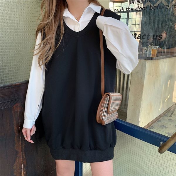 

two piece set of autumn and autumn 2020 new vest shirtsweater shirtwomen's wear korean v-neck loose sweater vest long sleeve shirt set, Gray