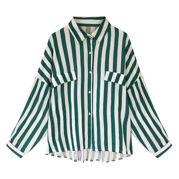 

women vintage stripes print lapel shirt loose single-breasted long sleeve blouse 2colors, White