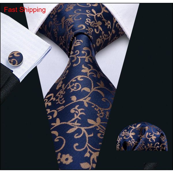 

fast shipping mens tie hankerchief cufflinks set dark blue tie with golden flowers silk business casual party necktie jacquard woven nmlg2, Black;blue