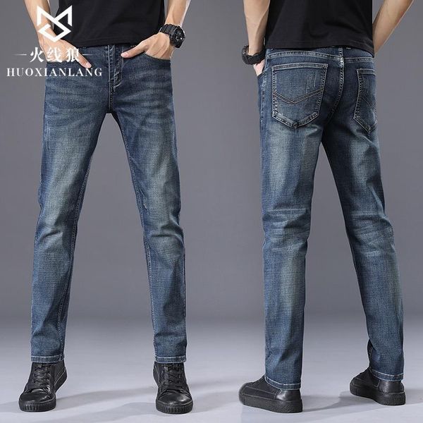 

men's jeans 2021 autumn and winter retro mid-waist casual multi-pocket pants slim stretch fabric denim trend trousers for men, Blue