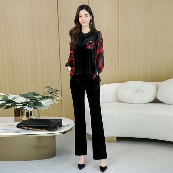 

r5d1u gold suit suit women's 2020 spring new korean style elegant fashion commuting elegant printed two-piece sweater sweater velvet pa, Gray