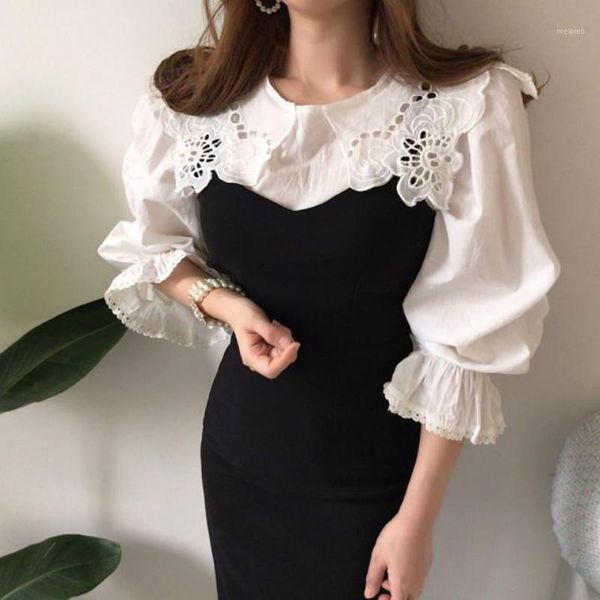 

2020 spring new korean chic sweet women sets hollow out turn-down collar blouses and black slim knit dresses 2 pcs set1, White