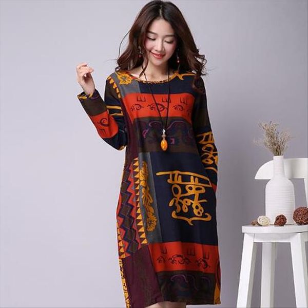 

2020 chinese national style autumn clothes plus size womens cotton and linen floral printed long sleeved vintage skirts ah215, Black