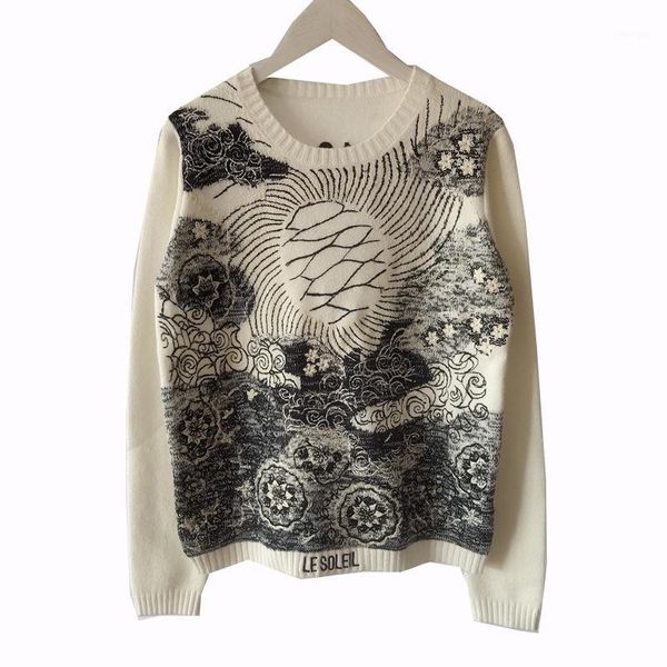 

2020 early spring new heavy industry embroidered sun flower round neck long sleeve pullover knitted sweater women1, White;black