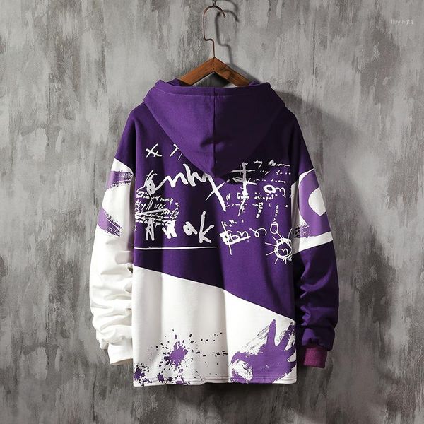 

men's streetwear hoodies patchwork graffiti print harajuku japanese japan style hip hop sweatshirts purple hoodie men clothing1, Black