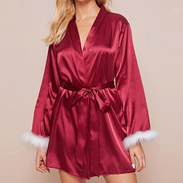 

satin robe women sleepwear wedding gift fur sleeve casual kimono bathrobe nightgown christmas dress nightwear full1, Black;red