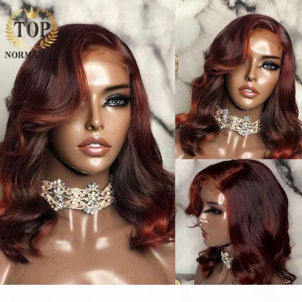 

ormantic highlight colored pre plucked lace front body wave wigs remy human hair deep red color wig for black women, Black;brown