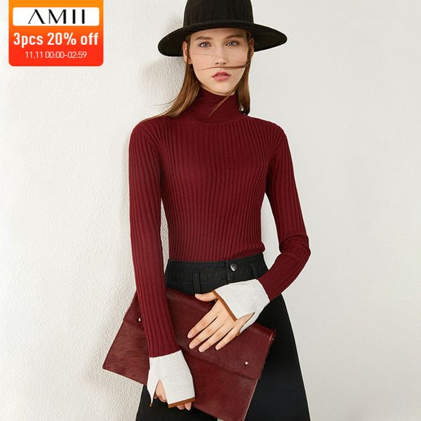 

amii minimalism autumn winter women sweater spliced slim fit knitted women's turtleneck sweater female sweater lj201112, White;black