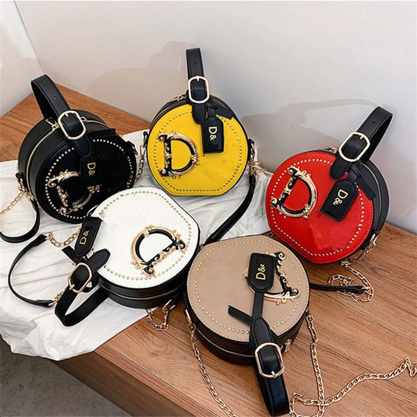 

letter design shoulder bags women girls crossbody messager bag pu leather round totes handbag with chain satchel outdoor phone pouch 2021, Black