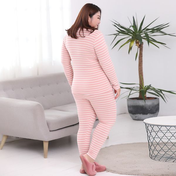 

plus size womens thermal underwear set striped cotton soft warm and elastic thick autumn winter pajamas bottoming shirt 5xl 6xl, Black;pink