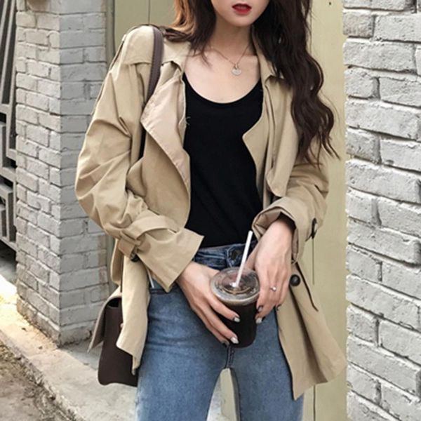 

women trench coat chic casual korean version khaki autumn short ladies short jacket fashion wild street coats spring kg-370, Tan;black