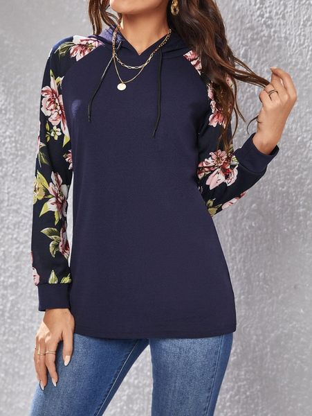 

emery rose floral print raglan sleeve drawstring hoodie b3gg#, White;black