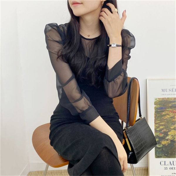 

2021 new dressed elegant female midi solid the neck organza puff sleeves velvet waist mid-long pencil dress spring ml5n, Black;gray