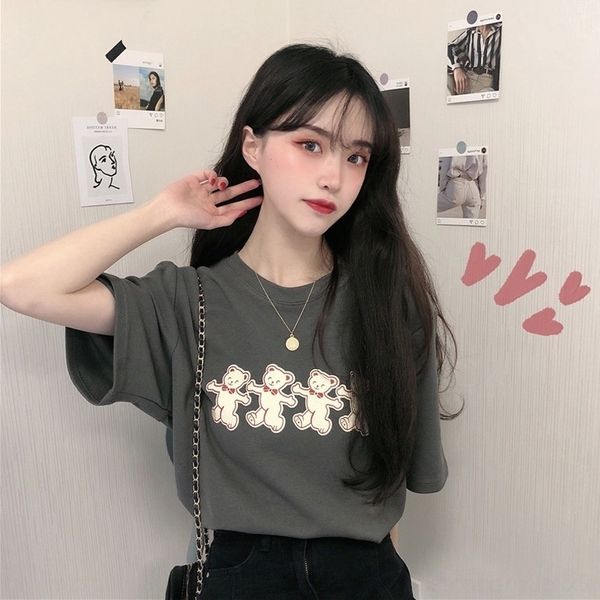 

xhfuk bear student for new 2020 women summer korean style t-shirt t-shirt loose cartoon printing short-sleeved casual versatile fashion v, White