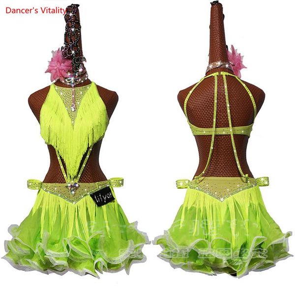 

stage wear latin dance dress competition tassel party children clothes fluorescen color curled skirt rumba costume, Black;red