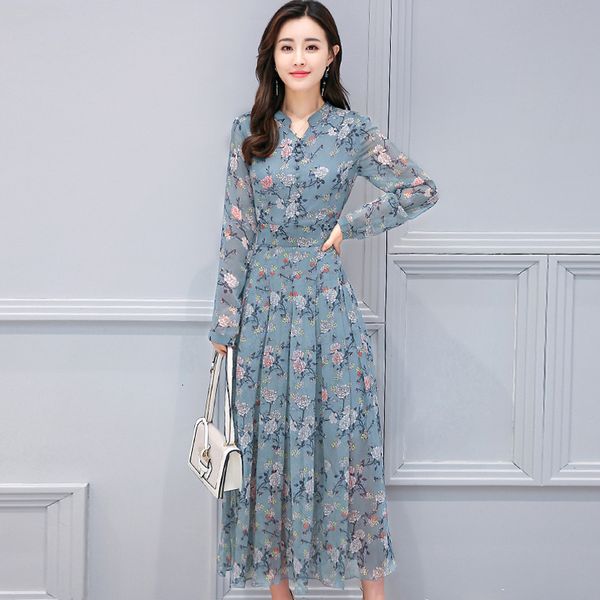 

2021 new of the women with plied size big retro-elegant impression long sleeve chiffon pullover's neck print dressed as lady, Black;gray