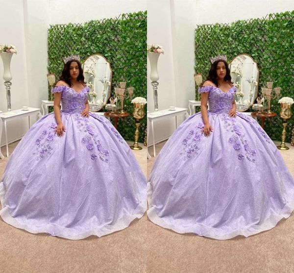 

lilac sparkly tulle 2022 quinceanera dresses 3d flowers crystal off shoulders short sleeves corset back formal prom sweet 16 dress, Blue;red