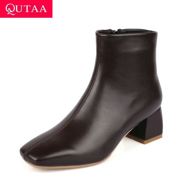 

qutaa 2021 toe autumn winter ankle flock pu leather concise women shoes square heel zipper short boots size 34-43 q1104, Black