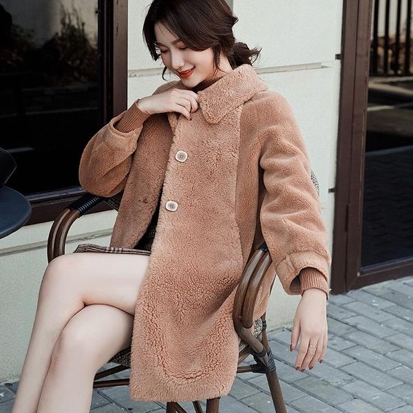 

women's wool & blends smpevrg winter thicked women coat seven-quarter sleeve turn-down collar coats warm long overcoat jacket loose out, Black