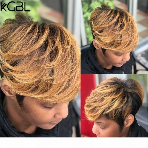 

kgbl 13*4 color straight pixie lace front human hair wigs with baby hair brazilian non-remy 8 '' 150 180 density women wig, Black;brown