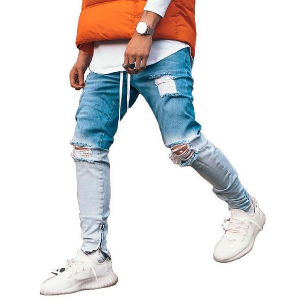 

men's jeans black ripped men fashion skinny knee hole distressed homme slim fit ankle zipper destroyed denim trousers streetwear, Blue