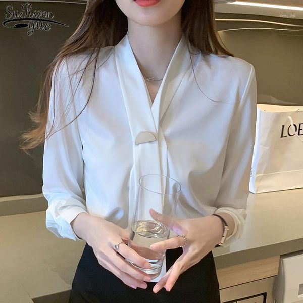 

blusas 2020 autumn new long sleeve satin women blouses v-neck pullover white blouse women solid button casual shirts 110541