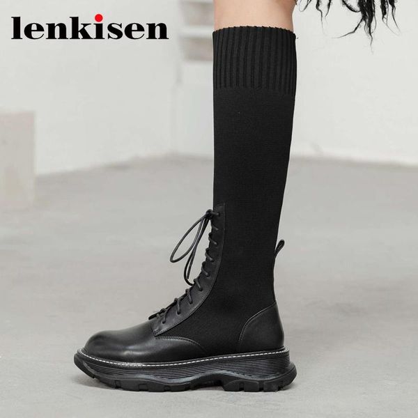 

lenkisen chic genuine leather round toe thick bottom knitting boots cross-tied british style vintage classic knee-high boots l34, Black