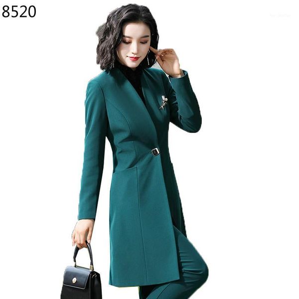 

women's two piece pants fashion long windbreaker jacket korean women's slim coat uniform business suits office work wear pant styl, White