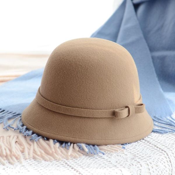 

in the spring and autumn winter wool bucket hat with bow dome for women basin of europe and the united states, Blue;gray