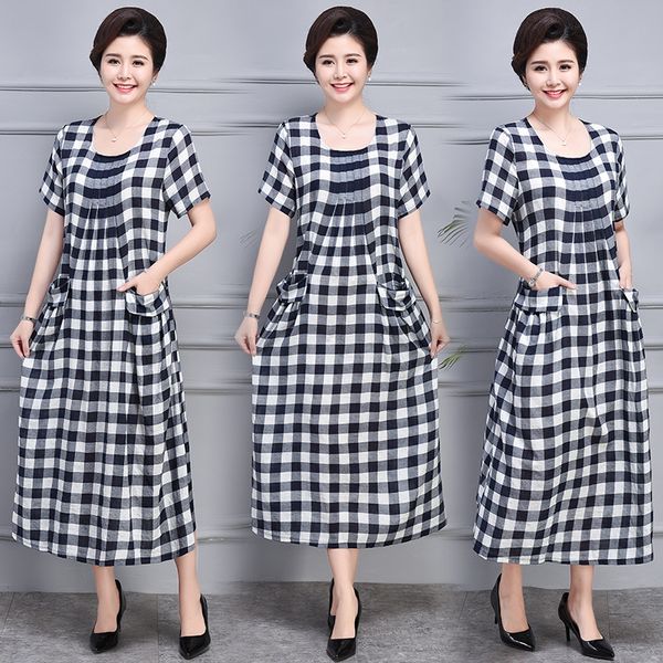

dresscotton и платье элегантных рыхлые показать тонких моды плед хлопок белья платья льняного dressmother короткий рукав 2020 новых крупные, Black;gray