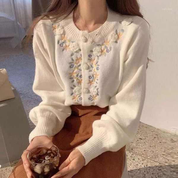 

comel2020 fall and winter new arrivals pearl button embroidered flower knit cardigan long sleeved sweet girl sweater 1, White