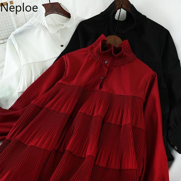 

neploe pleated ruffle women doll shirt korean buttons stand neck long sleeve pullover blouse 2020 spring solid blusas 1a4241, White