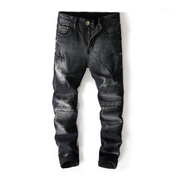 

2018 new fashion brand black color mens jeans high street destroyed ripped jeans homme motor biker men pants 8006#1, Blue
