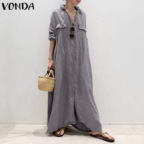 

party dress 2020 vonda 2020 autumn women vintage turn-down collar buttons shirt maxi long dress vestidos robe femme plus size, Black;gray