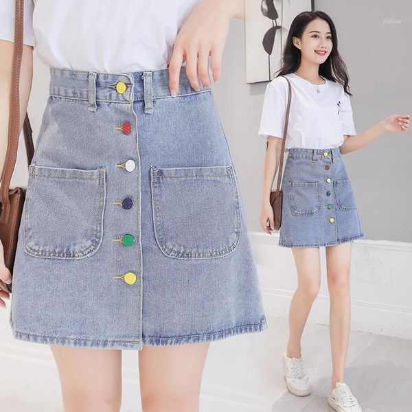 

cute denim skirt women fashion 2020 summer color buttons casual a line high waist jeans mini skirt female above knee, mini1, Black