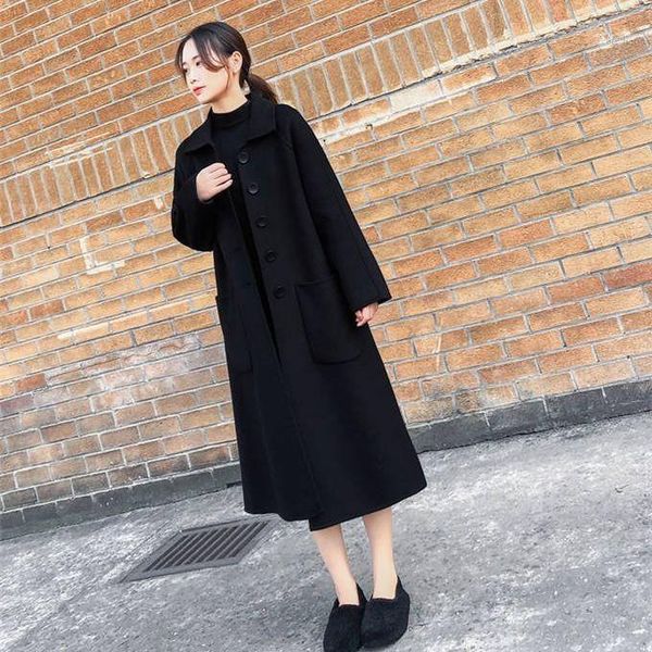 

women 2020 autumn winter fashion black double-faced cashmere coat female square collar woolen outwear ladies loose jactets l761